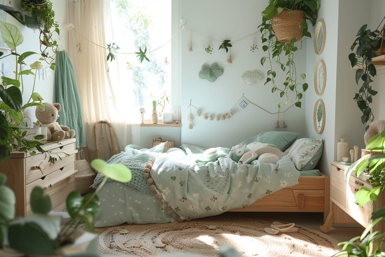 Décor élégant de chambre d'enfant avec matériaux recyclés et touches écologiques