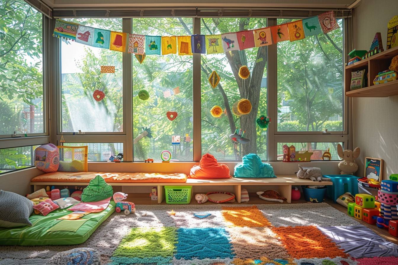 Chambre d'enfant écologiquement décorée avec des matériaux recyclés et des jouets colorés pour allier amusement et responsabilité environnementale.